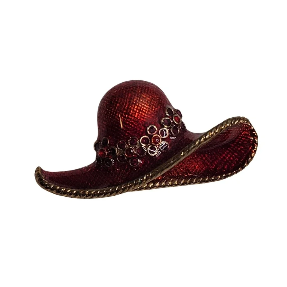 Vintage Gold Ruby Red Hat‎ Society Brooch Enamel Floral Pendant Gift